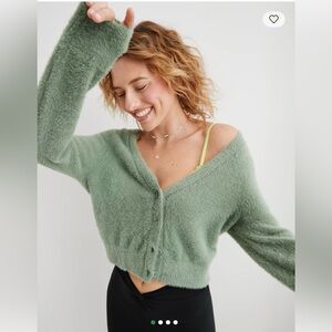 Aerie Soft fuzzy Green Cardigan Sweater
